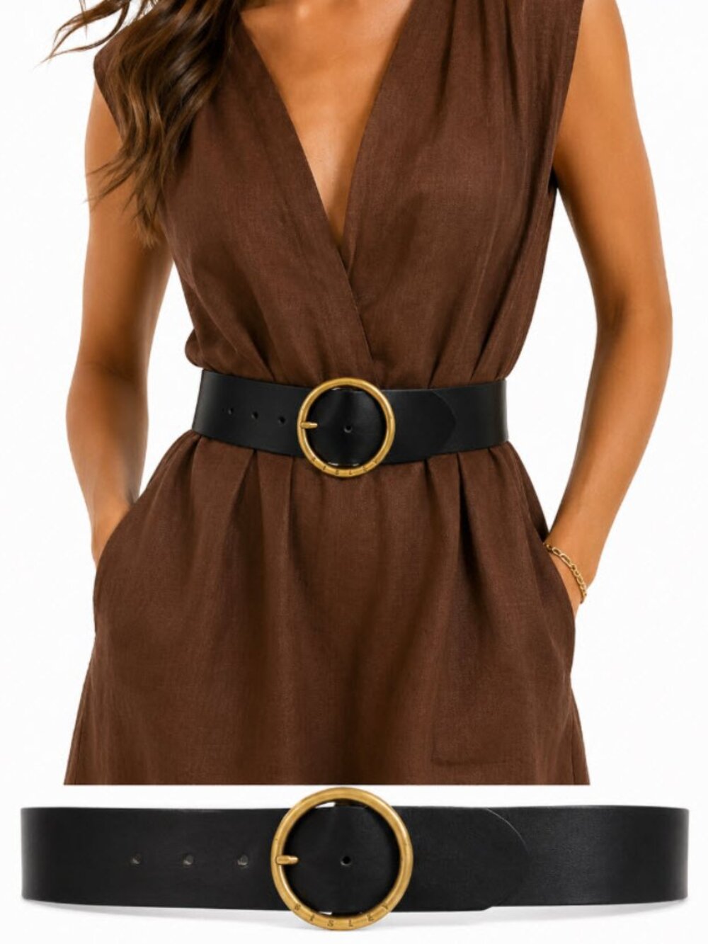 Sisley Black Leather Wide Belt Gold Round Buckle Minimalist Waist Belt